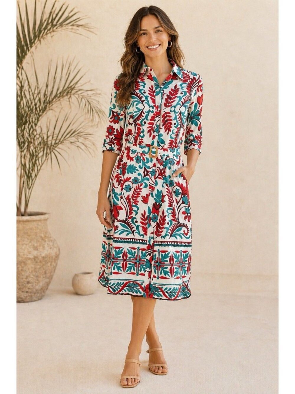 Fig & Flower Button Shirt Dress Belted Collared Women M Linen Blend Floral Boho